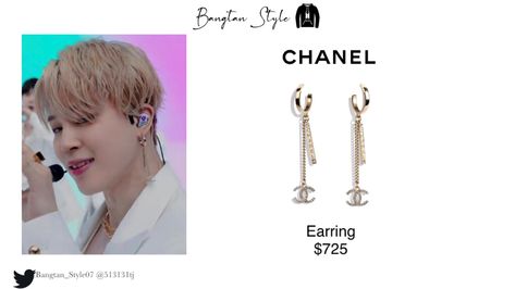 Jimin Earrings, Bts Products, Bts Earrings, Bts Outfits, Bts Fashion, Hope Art, Bts Merch, Chanel Earrings, Pop Bands