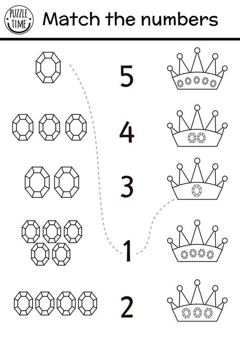 Match the numbers game with crown, gem stones. Black and white fairytale math activity for preschool children. Magic kingdom educational printable counting worksheet or coloring page Kings And Queens Crafts Preschool, Fairytale Lessons Preschool, King Activities For Preschool, Fairytale Math Preschool, Kings And Queens Preschool Activities, England Activities For Kids, England Activities, Math Activity For Preschool, Fairytale Lessons