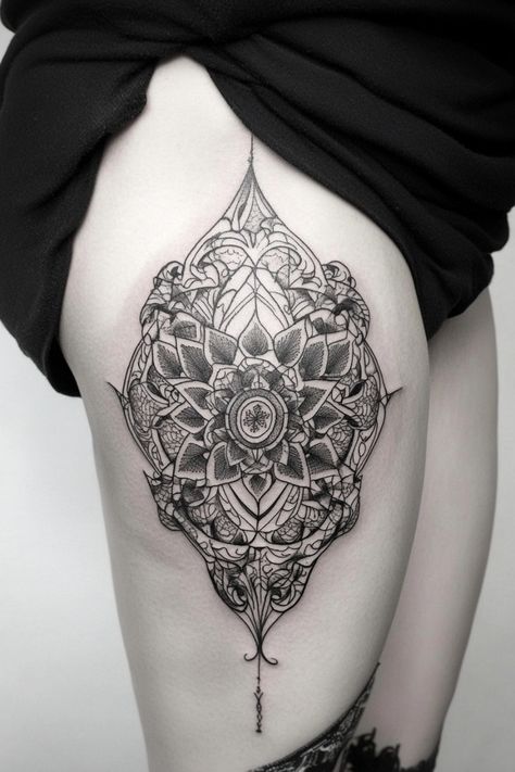 Ornate black ink mandala tattoo on upper thigh with detailed floral and geometric patterns. Fine Line Tattoo Designs, Line Tattoo Designs, Minimalist Symbols, Simple Flower Tattoo, Anatomical Heart Tattoo, Crescent Moon Tattoo, Fine Line Tattoo, Anchor Tattoo, Constellation Tattoos