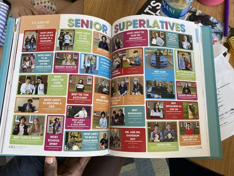 Yearbook Superlatives Layout, Yearbook Feature Ideas, Senior Superlatives Yearbook Layout, Senior Superlatives Yearbook, Yearbook Design Layout Creative, Yearbook Page Layout, Seniors 2025, Yearbook Superlatives, Senior Superlatives