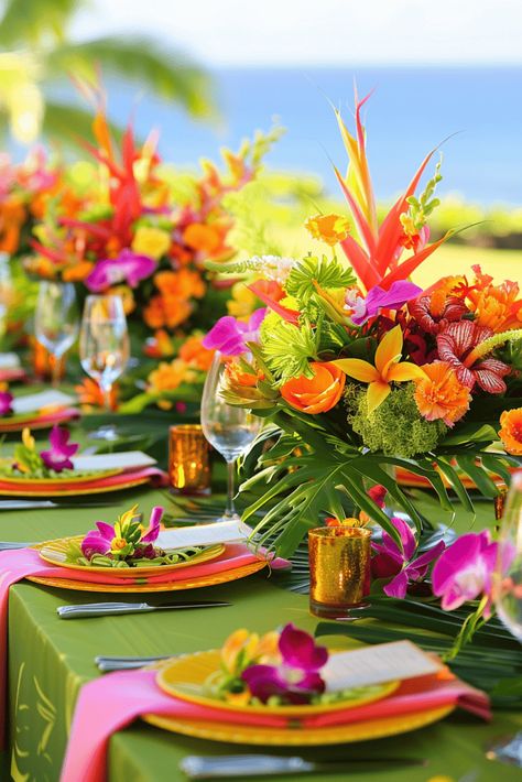 Tropical Brunch Decor, Luau Wedding Ideas, Tropical Decorations Party, Classy Luau Party Ideas For Adults, Tropical Wedding Palette, Luau Table Setting, Tropical Wedding Table Settings, Tropical Wedding Table Decor, Wedding Tropical Theme