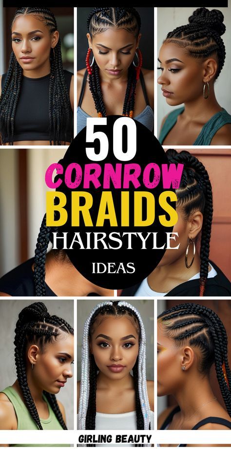 40 cornrow hairstyles ideas for women, perfect for showcasing elegance and creativity. From intricate designs to classic braided patterns, find inspiration for a stylish and versatile look. #CornrowHairstyles Women Cornrow Hairstyles Natural Hair, Black Women Cornrows Braids, Hair Braid For Short Hair, Braids And Cornrows Hairstyles, Cornrows Ideas Braids For Black Women, Braid Colors On Dark Skin, Cornrows Braids For Black Women 2024, Summer Cornrows Hairstyles, Cute Cornrow Ideas