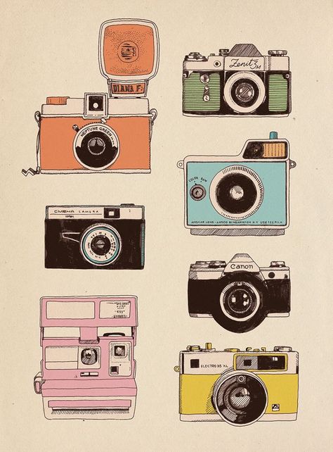 Camera Illustration, Camera Collection, Camera Drawing, طابع بريدي, Camera Art, Tumblr Stickers, Scrapbook Stickers Printable, Bullet Journal Stickers, Illustration Inspiration