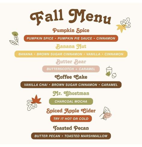 Fall Coffee Menu Ideas, Fall Themed Coffee Drinks, November Coffee Specials, Fall Drink Ideas Coffee, September Coffee Drinks, Cookie Trailer, Herbalife Coffee, Fall Coffee Flavors, Underground Cafe