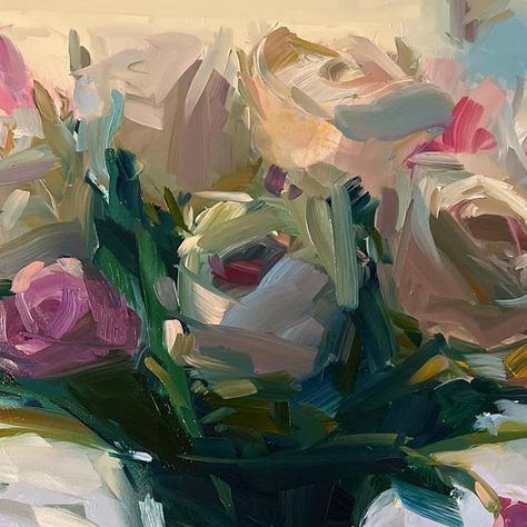 Amy Brnger on Instagram: "White Roses, Pink Tulips, and Backyard, Late Afternoon January Light. 24 x 18, oil on panel." Amy Brnger Paintings, Amy Brnger, Roses Pink, Instagram White, Late Afternoon, Pink Tulips, Abstract Paintings, White Roses, Painting Inspiration