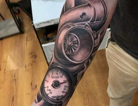 Turbocharger and pressure gauge Diesel Mechanics Tattoo, Turbo Tattoo, Mechanical Sleeve Tattoo, Diesel Tattoo, Gear Tattoo, Shoulder Blade Tattoo, Mechanic Tattoo, Wicked Tattoos, Biomechanical Tattoo