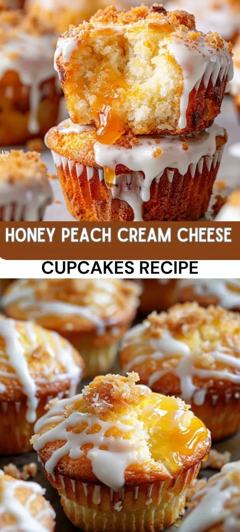 Honey Peach Cream Cheese Cupcakes Peach Frosting, Peaches Cream Cheese, Boston Cream Pie Cupcakes, Cream Filled Cupcakes, Peach Cupcakes, Fruity Dessert, Cream Cheese Cupcakes, Cupcakes Filled, Boston Cream Pie