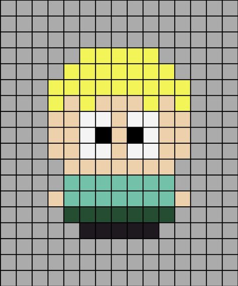 A small pixel art template of Butters Stotch from South Park the cartoon program (show for Americans).

Template from "experimental tie dye" on Instagram (all one word). Ike South Park Perler Beads, South Park Tapestry, Southpark Perler Beads, South Park Perler Bead Patterns, Cartoon Pixel Art, Small Pixel Art, Butters Stotch, Easy Perler Beads Ideas, Tiny Cross Stitch