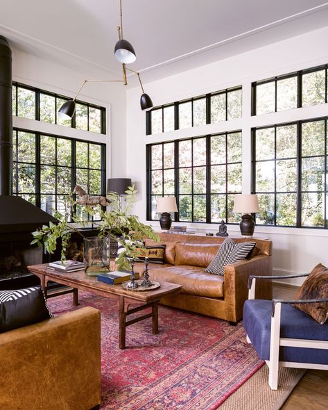 living room with vintage reversed rug and leather couches Arts And Crafts Interiors, Lauren Liess, Living Room Mantel, Arts And Crafts House, Vintage Revival, Room Goals, Historic Home, Design Living Room, A Living Room