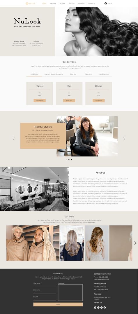 User-friendly Hair Salon Website Template: Streamline salon operations with this template. Convenient online appointment booking, secure payment options. Sleek one-page design for seamless browsing. Efficiently organized booking process with step-by-step guidance. Customize to reflect salon branding and enhance online presence. Hair Salon Web Design, Hair Salon Template, Hair Salon Website Design, Salon Website Design, Coding Design, Hair Salon Business Plan, Website Branding Design, Graphic Designer Studio, Website Layouts