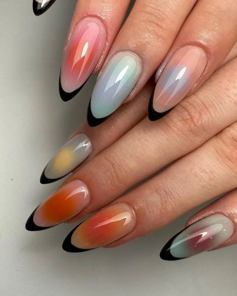 rainbow aura nails with a black French tip design Aura And French Tip Nails, Black Aura Nails Almond, Black Aura Nails Tutorial, Black And Brown Aura Nails, Purple And Black Aura Nails, Italy Nails, Aura Nail, Cute Red Nails, Rose Nail Design