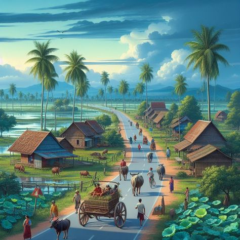 Rural house landscape 🏞🏡Beautiful picture created by : អាណាចក្រសម្រស់ [[ Beauty Empire ]] 🇰🇭#AIArt #AIFashion #AIDreamImage Village Scene Painting, Village Images, Village Scene Drawing, Village Background, Village Scenery, Green Nature Wallpaper, Village Drawing, Job Change, Countryside Art