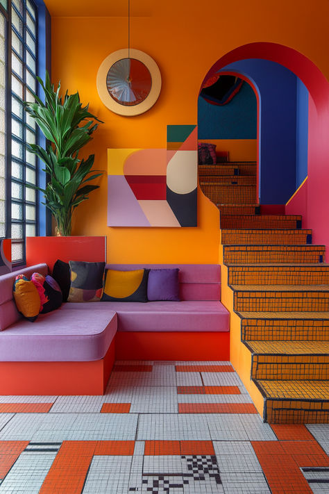 1980s – Memphis Style & Contemporary: Defined by bold, geometric shapes and contrasting colors. It’s often associated with vibrant primary colors and a playful aesthetic. Maximalist Architecture, 80s Memphis Interior Design, Primary Colors Aesthetic, Memphis Aesthetic, Memphis Design Interior, Play Aesthetic, Clowncore Aesthetic, Quirky Furniture, Birdhouse Projects