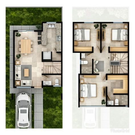 6x12 House Plan 2 Floor, Small House Blueprints, Two Story House Design, Three Bedroom House Plan, 3d Floor Plans, Two Story House Plans, Plans Architecture, Casa Country, House Floor Design