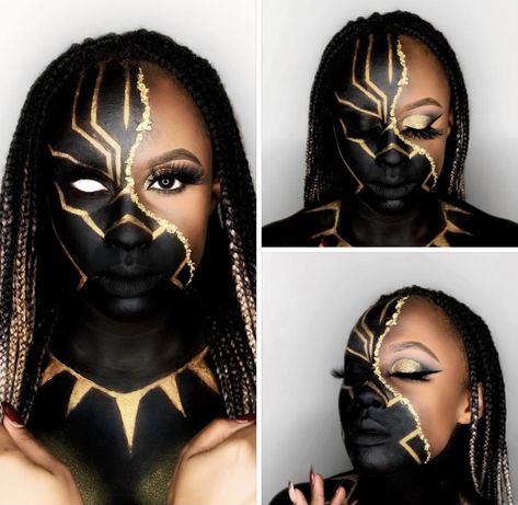 Black And Gold Face Paint, African Halloween Costumes, African Goddess Makeup, Full Face Makeup Looks Creative, Black Panther Makeup Ideas, Wakanda Makeup Ideas, Juneteenth Makeup Looks, African Makeup Ideas, Wakanda Makeup