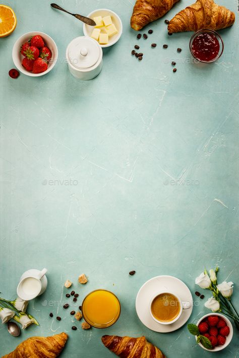 Continental breakfast on blue background captured from above by klenova. Continental breakfast captured from above top view, flat lay . Coffee, orange juice, croissants, jam, berry, milk and... #Affiliate #klenova, #captured, #view, #top Brunch Background Wallpapers, Breakfast Background Wallpapers, Lunch Background, Kitchen Posters Decor, Breakfast Background, Breakfast Wallpaper, Breakfast Menu Design, Concrete Worktop, Baking Wallpaper