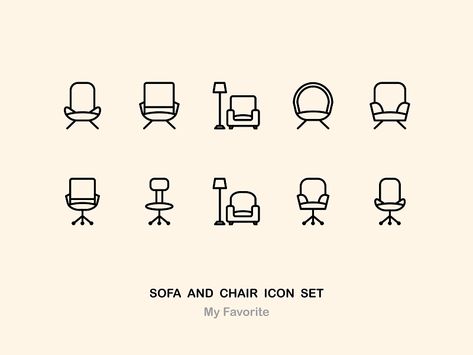 Sofa and Chair Icon Set by Adi Kurniawan Sofa Logo, Cottage Logo, Chair Icon, Furniture Icon, Chairs Logo, Chair Drawing, Unique Cafe, Icon Set Design, Sofa And Chair