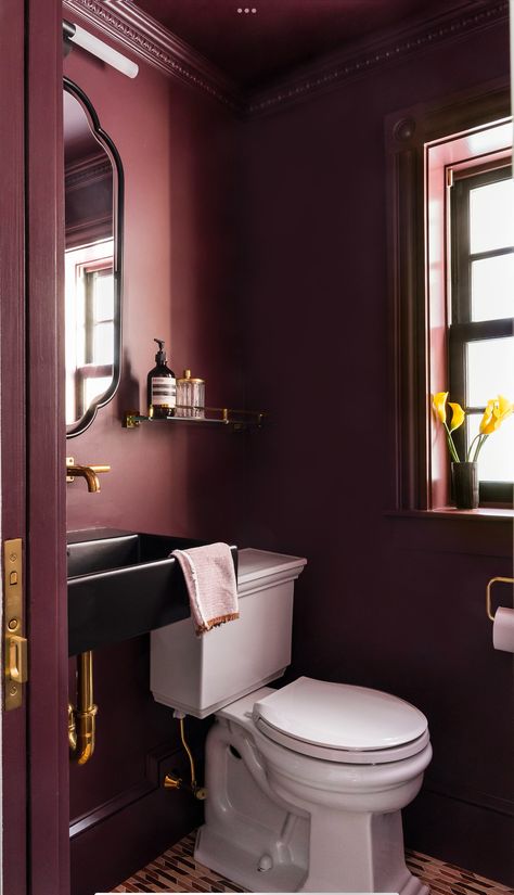 Red Downstairs Toilet, Farrow And Ball Brinjal Bathroom, Eggplant Powder Room, Farrow And Ball Burgundy, Purple Bathrooms Ideas, Plum Powder Room, Plum Colored Bathroom, Dark Red Powder Room, Dark Burgundy Bathroom