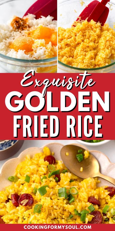 Golden Fried Rice is not just a dish, it's an experience! This pin takes you through a step-by-step guide to recreate this fragrant, fluffy, and beautiful golden yellow rice. Immerse yourself in a journey of flavors with a perfect balance of proteins and veggies, coupled with a secret ingredient - egg yolks. Each grain is coated with these yolks, taking it a notch higher than regular fried rice. Yellow Fried Rice Chinese, Golden Fried Rice, Yellow Fried Rice, Cooking Fried Rice, Ramen Rice, Golden Rice, Risotto Dishes, Savory Recipe, Noodles Ramen