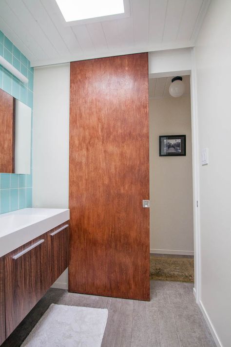 Mid Century Sliding Door, Aqua Bathroom, Modern Doors, Interior Design Portfolios, Eichler Homes, Designer Portfolio, Bathroom Installation, Modern Properties, Fireclay Tile