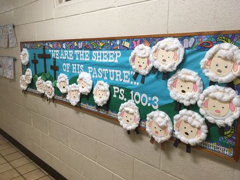 Mt. Aviat Academy/ 1st Grade Sheep Bulletin Board Ideas, Preschool Sunday School Classroom Decor, Lamb Bulletin Board Ideas, The Lord Is My Shepherd Bulletin Board, Christian Easter Door Decorations Classroom, Catholic Preschool Bulletin Boards, In Like A Lion Out Like A Lamb Bulletin, Preschool Lamb Craft Art Projects, Christian Classroom Decor