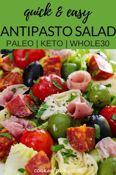 This easy antipasto salad is perfect for a quick no-cook lunch or weeknight dinner. It's a healthy recipe that can be pulled together in just a few minutes! This recipe is #keto, #lowcarb, #paleo, and #Whole30-friendly. #paleodiet #cookeatpaleo Antipasto Salad Dressing, Easy Antipasto Salad, Thanksgiving Appetizer Recipes, Antipasto Salad, Resep Salad, Paleo Salads, Italian Foods, Resep Diet, Paleo Lunch