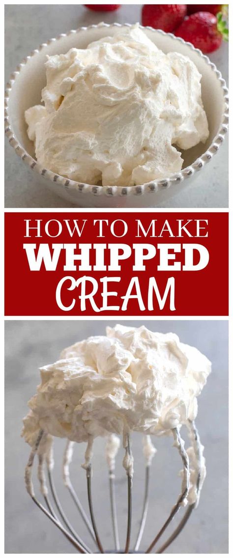 1 reviews · 5 minutes · Vegetarian Gluten free · Serves 8 · Whipped cream can be made in five minutes with this easy homemade recipe! Only 3 ingredients are needed here: heavy cream, powdered sugar, and vanilla. I've included tips to make sure you are… Heavy Whipping Cream Recipes, Heavy Cream Frosting, Whipped Icing Recipes, Diy Whipped Cream, Vanilla Bean Recipes, Perfect Whipped Cream, Whipped Cream Icing, Homemade Whipped Cream Recipe, Whipped Cream Recipe