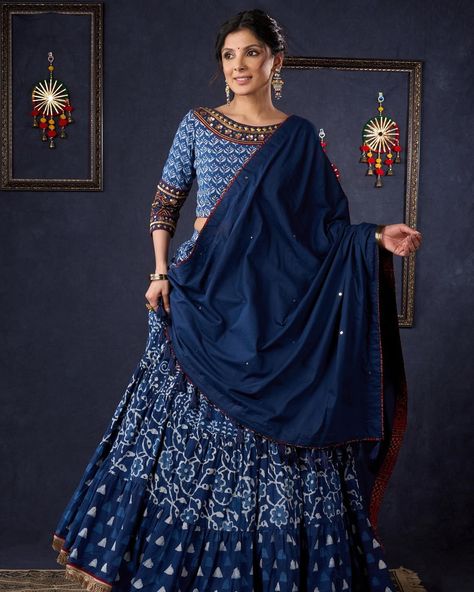 Elevate your style with our Indigo Prints Mix & Match Lehenga. The antique gold embroidery on the blouse and matching dupatta exudes luxury and sophistication. Designed with intricate details, this lehenga offers a unique blend of traditional prints and modern elegance. Make a statement with this high-end, one-of-a-kind piece. #sujatra #sujatraglobal #sujatralehenga #cottonlehenga #lehengalove #lehengacholi #mixnmatch #indigolehenga #antiquegoldembroidery #goodembroidery #traditionalnmodern ... Traditional Prints, Cotton Lehenga, Indigo Prints, Gold Embroidery, Mixing Prints, Lehenga Choli, Modern Elegance, Elevate Your Style, Mix N Match