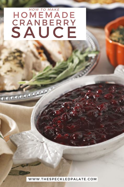 Sweet and spicy, Homemade Cranberry Sauce with Spiced Rum is the perfect side dish for the holiday table. Pairing nicely with turkey, stuffing and other classics, this recipe is ready in 15 minutes! #HolidayFood #EasyEntertaining #SpeckledPalate Holiday Entrees, Fresh Cranberry Sauce, Cranberry Turkey, Homemade Cranberry Sauce, Cranberry Sauce Recipe, Homemade Cornbread, Kentucky Bourbon, Cranberry Sauce Homemade, Delicious Thanksgiving