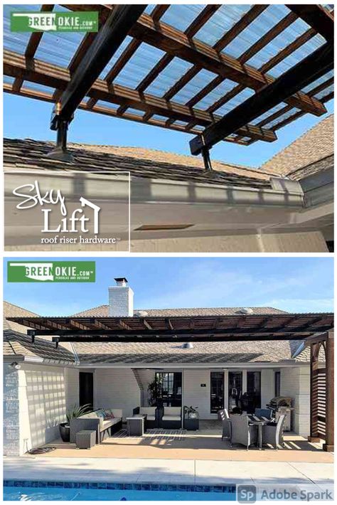 Patio Cover Over Roof, Pergola Off House With Roof, Roof For Deck Covered Patios, Extend A Patio, Corner Patio Cover, L Shaped Patio Layout, Adding Pergola To Existing Covered Patio, Skylift Patio Cover, Metal Roof Patio Cover