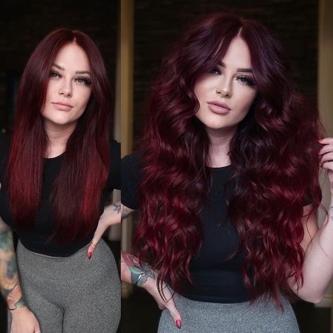 PRAVANA on Instagram: "Okayyy @hairstylist.madison and @melea.k.hair SERVING this look better than fine WINE. 😏🍷​​​​​​​​ ​​​​​​​​ Using @pravana ChromaSilk 5.66 and 6.66 with 10vol on roots & depth and added PRAVANA VIVIDS Red and Wild Orchid to her formula for mids & ends.​​​​​​​​ ​​​​​​​​ Styled by @hairstylist.madison Color by @melea.k.hair​​​​​​​​ ​​​​​​​​ #pravana #pravanachromasilk #chromasilk #redhair #fallhair #winehair #hairtransformation #hairstylist #haircolor #hairextensions #hairc Dark Red Hair Dark Roots, Sangria Red Hair Color, Wine Red Hair Formula, Pravana Red Hair Formula, Darkest Red Hair, Dark Red Color Hair, Dark Red Hair Pale Skin, Red Hair With Dark Roots, Dark Red Ombre Hair