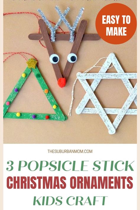 You have popsicle sticks lying around? Try this new arts and crafts activity with the kids to spice up this seasons' Christmas decor. This tutorial would be perfect for you! Check out the blog over at 3 Popsicle Stick Christmas Ornaments – Kids Craft for more details! This also counts as a Christmas decoration, Christmas craft, Kids craft, Christmas activity, Popsicle craft, Popsicle decoration, Ornament craft, arts and crafts, Christmas ornament, and Ornament ideas all in one! Popsicle Stick Ornaments, Juleverksted For Barn, Ornament Craft, Kids Christmas Ornaments, Popsicle Stick Crafts, Preschool Christmas, Popsicle Stick, Kids Ornaments