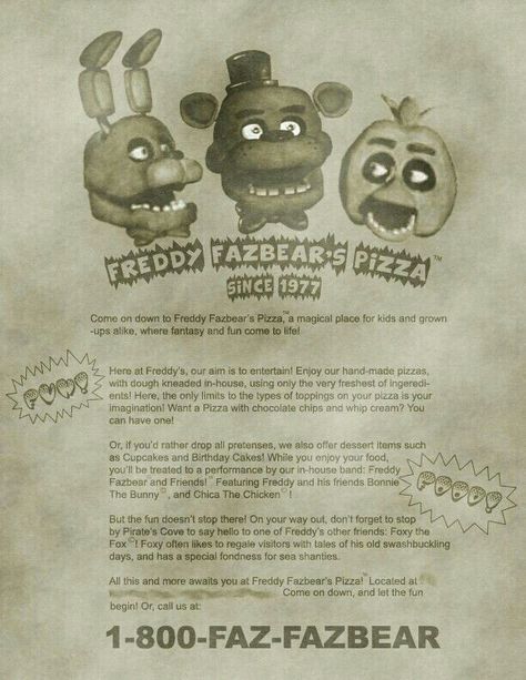 Freddy fazbears pizza poster Fnaf Crafts, Fnaf Cosplay, Výtvarné Reference, Fnaf Wallpapers, Fnaf 1, Fnaf Movie, Pizza Restaurant, Fnaf Memes, Freddy Fazbear