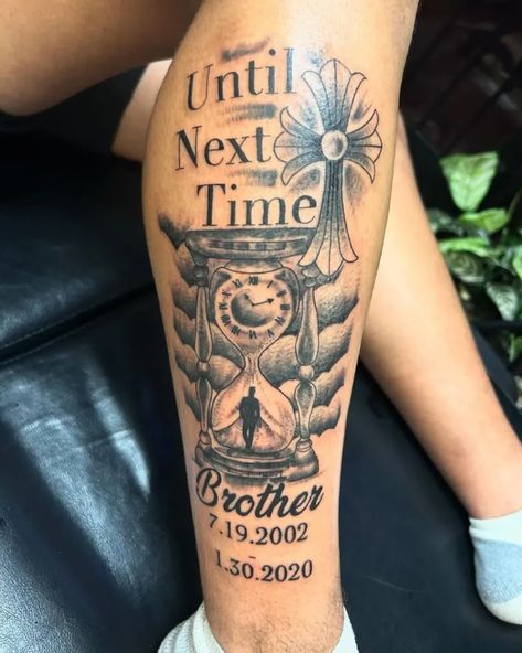 Tattoo Idea For Lost Loved One Men, Rip Tattoo Ideas For Brother, Haven Tattoo Ideas, Memorial Tattoo Ideas For Boyfriend, Rip My Brother Tattoo, Rip Tattoo For Brother, Army Memorial Tattoo Grandpa, Leg Memorial Tattoo, Rip Tattoo For Best Friend