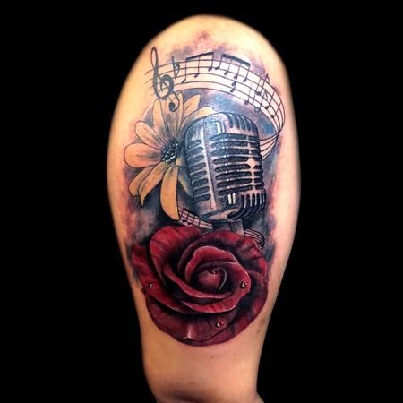 Music Tattoos For Men, Music Tats, Rockabilly Tattoos, Microphone Tattoo, Music Tattoo Sleeves, Music Mic, Music Notes Tattoo, Inner Bicep Tattoo, The Trend Spotter