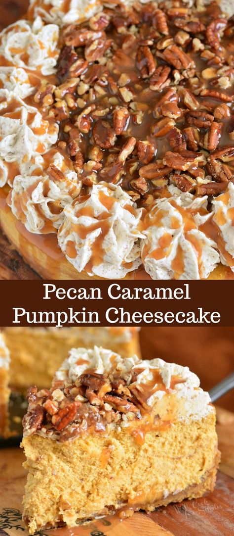 Pecan Caramel Pumpkin Cheesecake. Silky pumpkin cheesecake made with layers of caramel topping, pecan flavored crust, pecan buttercream frosting, and some more caramel and nuts on top. Beautiful fall dessert for your holiday dinner. #cheesecake #Pumpkincheesecake #pecan #buttercream #dessert #falldesserts #caramel Pecan Buttercream Frosting, Caramel Pumpkin Cheesecake, Cheesecake Pecan, Pumpkin Pecan Cheesecake, Recipes Cheesecake, Caramel Pumpkin, Pecan Cheesecake, Pumpkin Cheesecake Recipes, Dessert Party