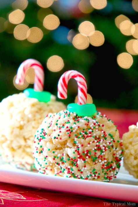 Rice Krispy treat ornaments are fun and a great no bake Christmas dessert! Just a few simple ingredients and they're ready in less than 10 minutes too! #ricekrispytreats #ornaments #ricekrispy #dessert #christmas #nobake Appetizers For Party Christmas, New Appetizers, Krispie Treats Christmas, Rice Krispie Treats Christmas, No Bake Christmas, Christmas Rice, Best Christmas Appetizers, Bake Christmas, Holiday Desserts Christmas