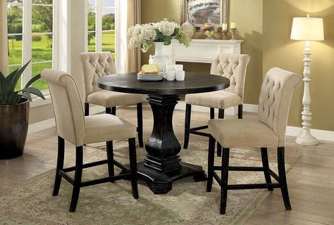 Nerissa Counter Height Dining Set w/ Beige Chairs (Antique Black) Round Counter Height Table, Counter Height Dining Table Set, Counter Height Table Sets, Gaming Tables, Rustic Counter, Dining Room Chairs Upholstered, Set Meja Makan, Counter Height Chairs, Counter Height Dining Table