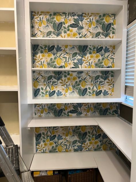 Wallpaper Cupboard Inside, Wallpaper In Cabinets Cupboards, Wallpaper On Cupboard Doors, Wallpaper Inside Cabinets, Pantry Wallpaper, Wallpaper Cabinets, Kitchen Pantries, Wallpaper House Design, Bungalow Ideas