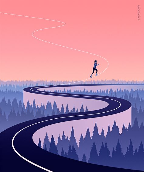 ©Joey Guidone - for Health magazine. #illustration #illustrator #running #road #wood #nature #freedom Road Not Taken Illustration, Road Illustration Art, Freedom Illustration Art, Freedom Poster Ideas, Road Illustration Design, Road Graphic Design, Moving Illustration, Freedom Illustration, Path Illustration