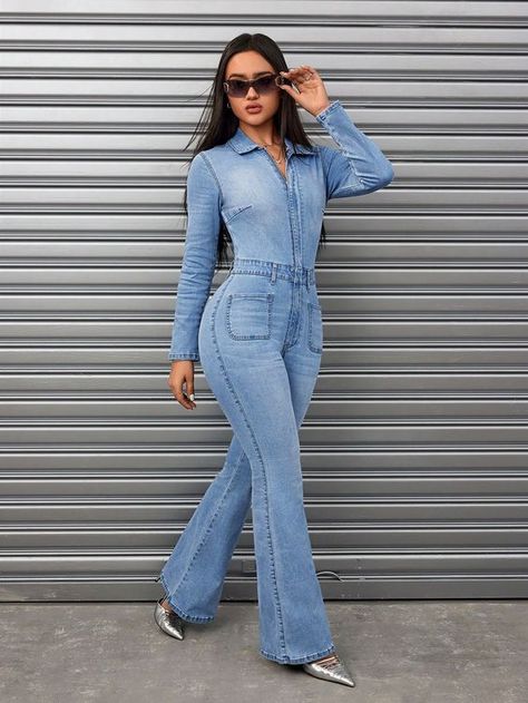 Light Wash Casual Collar Long Sleeve Denim Plain Shirt Embellished High Stretch  Women Clothing Long Sleeve Denim Jumpsuit, Outfit Sets For Women, Frayed Denim Jacket, Jump Suits, Denim Jumpsuits, Printed Denim Jacket, Tie Dye Denim, Hooded Denim Jacket, Frayed Denim