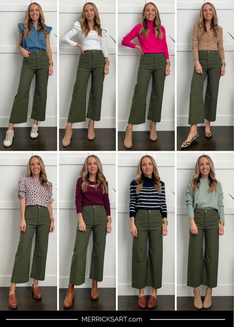 olive green pans Tops For Green Pants, Combination With Green Pants, Olive Green Jeans Outfit Fall, Green Pairing Color Outfit, Yellow And Olive Green Outfit, Olive Green Pants Outfit Women Work, Olive Pants Fall Outfit, Style Green Pants For Women, Colors To Wear With Olive Green Pants