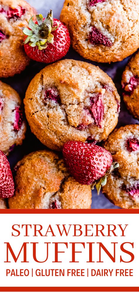 Paleo strawberry muffins are some of the best paleo snacks. They also make a delicious paleo breakfast recipe. These gluten free strawberry muffins are made with a mix of almond flour and coconut flour. Going paleo is easy when you have easy gluten free muffins like these! Gluten and dairy free muffin recipes are so tasty! These gluten free healthy muffins are made with fresh strawberries. Pin this to your best paleo muffin recipes board! #muffins #paleo #glutenfree #simplyjillicious #yum Paleo Strawberry Muffins, Sugarless Recipes, Gluten Free Strawberry Muffins, Healthyish Desserts, Paleo Muffin, Paleo Muffin Recipes, Fresh Strawberry Muffins, Strawberry Muffin Recipes, Dairy Free Muffins