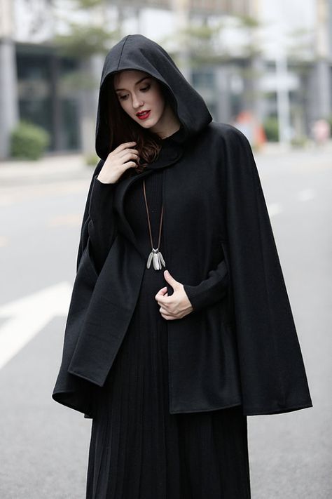 Black Hooded Wool Coat wool Cloak Cape Cashmere Women Wool Hooded Wool Coat, Wool Winter Coat, Black Wool Coat, Medieval Costume, Hooded Cloak, Outwear Women, Mini Dress Fashion, Capes For Women, Ruffles Fashion