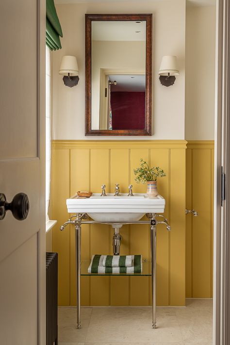 bathroom panelling yellow traditional vanity mirror wall lights soane fabric Wainscoting Bathroom, Bathroom Paneling, Cottage Bathroom, Wall Panelling, Small Toilet, Yellow Bathrooms, Gorgeous Bathroom, Downstairs Bathroom, Small Bathroom Ideas