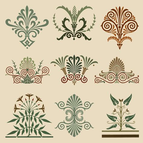 Greek ornamental element vector set | free image by rawpixel.com / Baifern Jewelry Sketching, Greek Motifs, Greek Ornament, Ancient Greece Art, Antique Archeology, Greek Flowers, Art Muse, Greek Decor, Ornament Flower