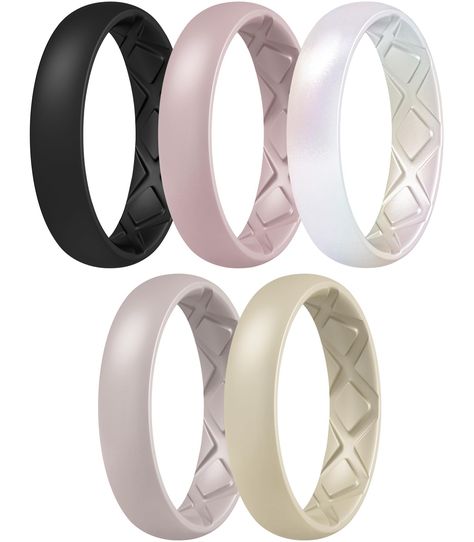 PRICES MAY VARY. ACTIVE LIFESTYLE ESSENTIAL - Comfortable and durable, our silicone wedding band are great replacements for formal wedding band to keep it safe from scratches and damage during any physical activity, including workouts, climbing, lifting, strength training, etc. More than 100000 outdoor enthusiasts & sports fans have chosen our rings as everyday wear. WORK-SAFE Ring: Designed to break away under excessive pressure, our silicone rings are ideal for manual labor and extreme duties to protect your finger from ring avulsion and amputation in an extreme case. They are extremely popular among people engaged in military duties, carpentry, heavy machinery, garage, shop, etc. PREMIUM QUALITY & BREATHABLE DESIGN : Made of medical-grade, hypoallergenic & non-conductive flexible silico Silicone Ring Women, Wedding Bands Women, Rubber Wedding Band, Gym Rings, Traditional Wedding Rings, Silicone Wedding Band, Plastic Rings, Silicone Wedding Rings, Rose Gold Pearl