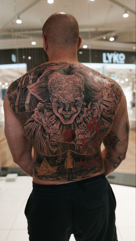 It Clown Tattoo, Tattoo Stockholm, Backpiece Tattoo, It Clown, Clown Tattoo, Realism Tattoo, Piercing Ideas, Back Tattoo, Realism