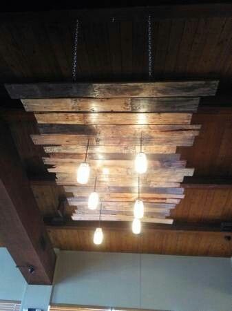 Diy Pallet Kitchen Ideas, Reclaimed Lights, Pallet Wood Ceiling Diy, Reclaimed Wood Light Fixture, Pallet Ceiling Lighting Ideas, Pallet Wood Ceiling, Matrix 3, Barn Wood Ceiling, Pallet Benches