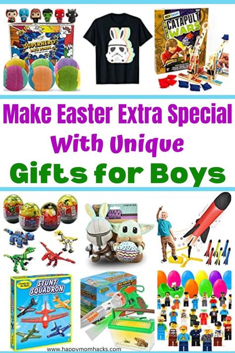 Fill your son's Easter Basket with these fun easter gift ideas for boys. 80 Unique gifts & basket stuffers for ages 5, 6, 7, 8, 9, 10, 11, and 12 years old. There are gifts for little boys to tween boys so you can fill Easter baskets for the whole family. Get inspired to find the perfect gift boys really want to find on Easter morning! Easter Basket Ideas For 8-10 Year Boys, Easter Basket 9 Year Boy, Easter Basket Ideas For Boys 5-7, Easter Basket Ideas For Boys 8-10, Boys Easter Gifts, Unique Gifts For Boys, Fun Holiday Games, Fun Easter Baskets, Boys Easter Basket